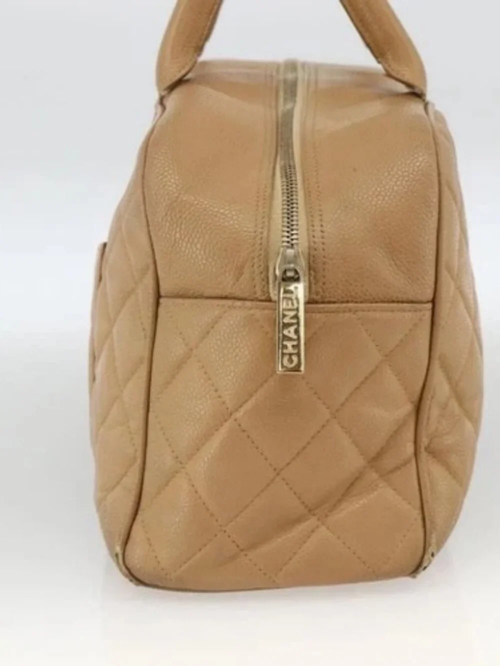 CHANEL Matelasse Boston Bag Grained Calf Skin Beige Gold CC Auth mr2295